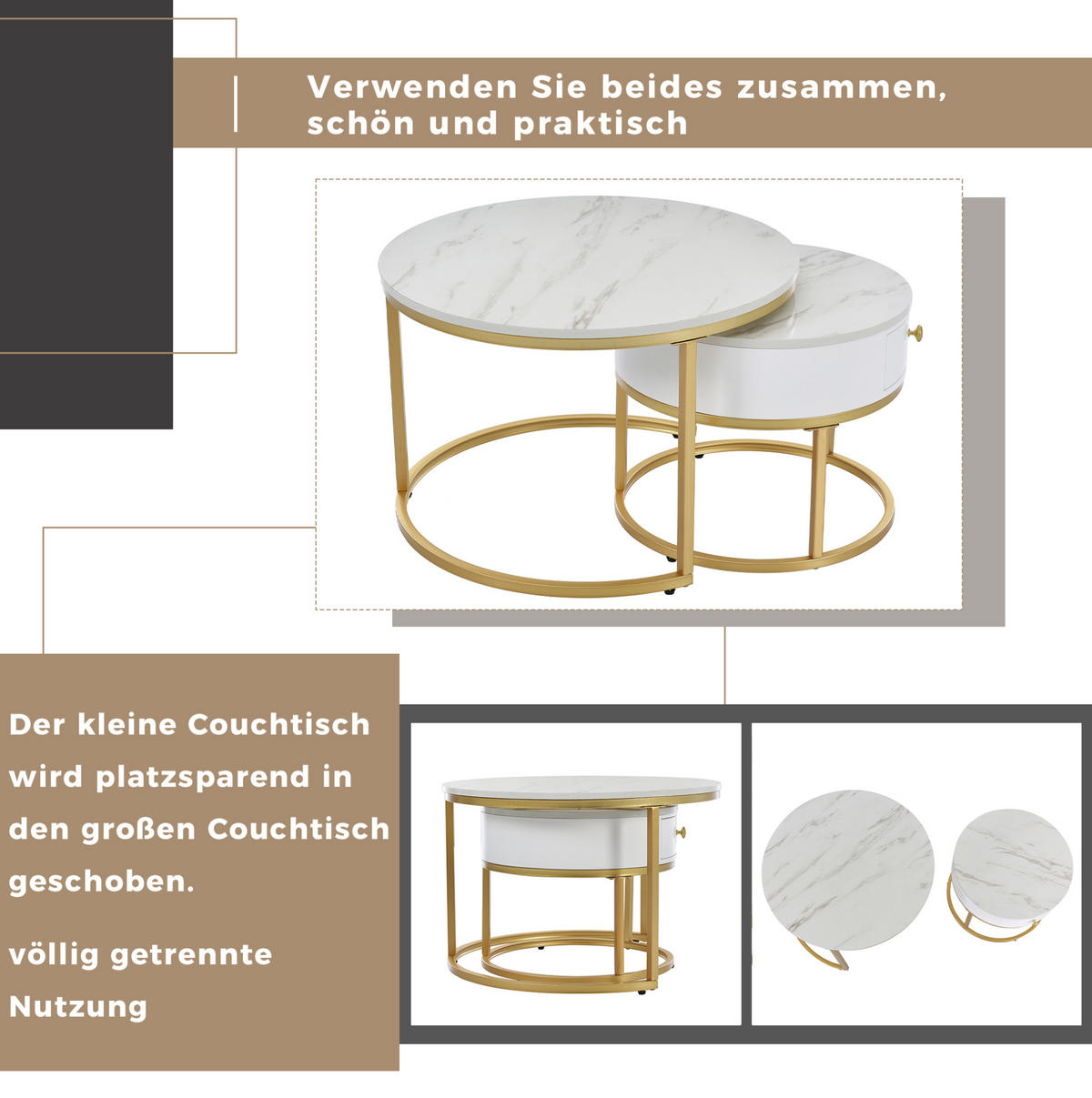 SÚPRAVA konferenčných stolíkov 70/70/48 a 50/50/43,5 cm biela z MDF s vysokým leskom a zasúvacím dizajnom - biela, kompozitné drevo (70/70/48cm) - OKWISH