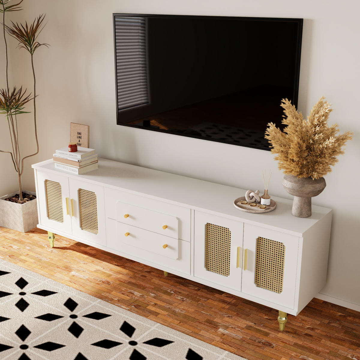 TV-LOWBOARD in Weiß mit Rattantüren und Push-to-Open Schubladen 175/38/55.5 cm - Weiß, Holzwerkstoff (177/55.5/38cm) - Redom