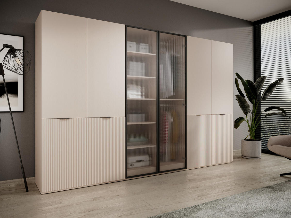 KLEIDERSCHRANK ZEN (Modular, Beige Matt, Beige & Geriffeltes Glas Flutes, 6-türig) - Beige/Schwarz, Holz/Holzwerkstoff (303/200/51cm) - Ravio