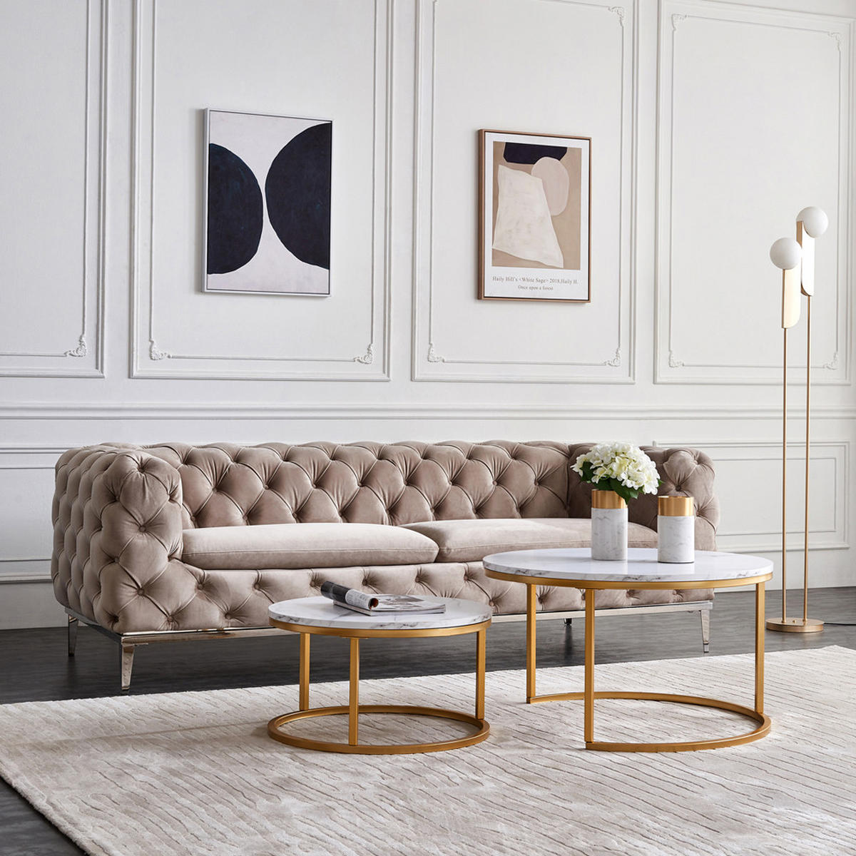 COUCHTISCH SET 2-teilig Weiß Marmoroptik mit Goldenen Metallbeinen - Goldfarben, Stein (80/80/45cm) - CASIVA