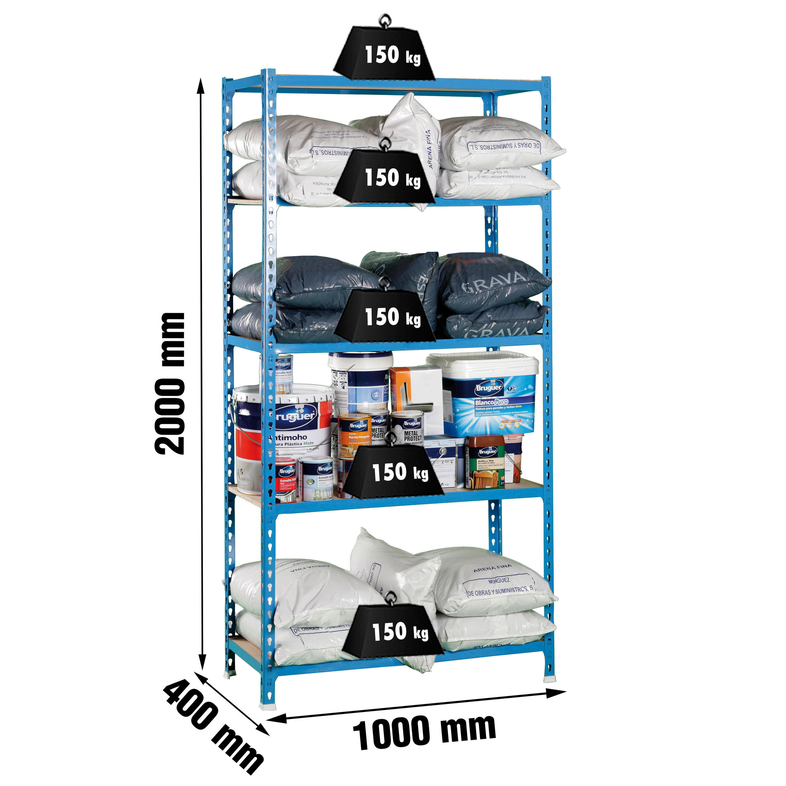 SCHWERLASTREGAL Big Muli HxBxT 200 x 100 x 40 cm 5 Fachböden Fachlast 150 kg Blau - Blau, Metall (100/200/40cm) - PROREGAL