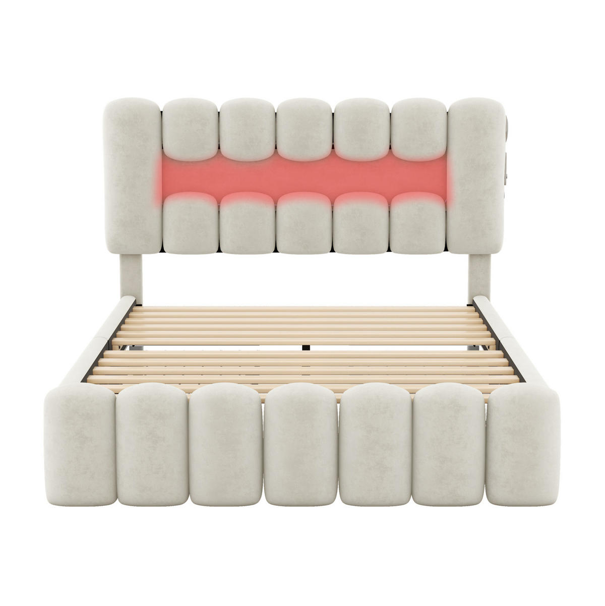 SAMT-POLSTERBETT 140/200 cm mit LED-Beleuchtung, USB und 4 Schubladen - Beige, Textil (140/200cm) - BEAOK