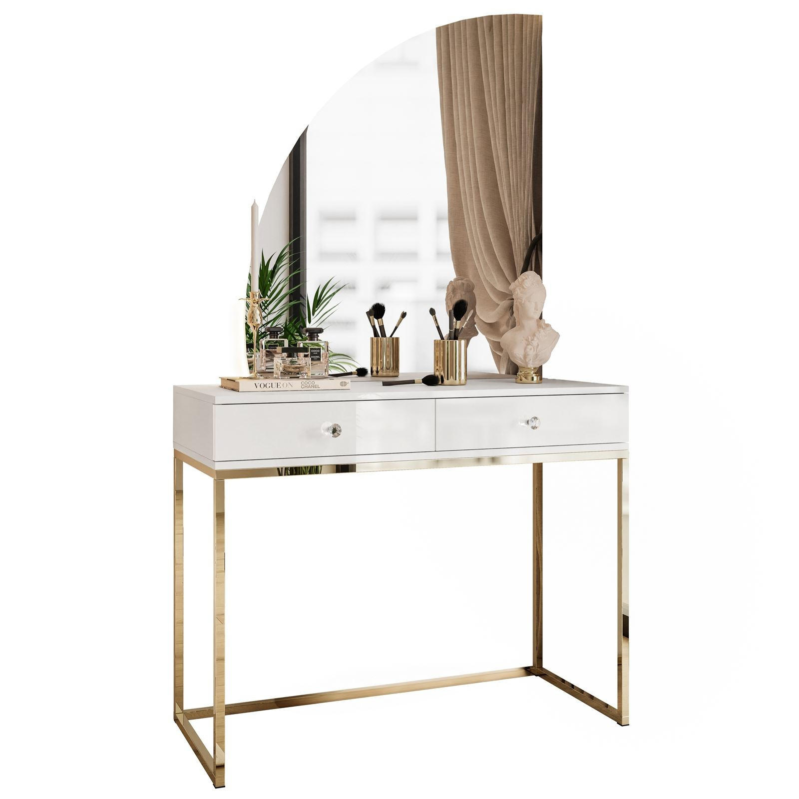 SCHMINKTISCH weiß QUINNIE mit LED-Spiegel gold Chrom links Griff Kristall - Goldfarben/Weiß, Holzwerkstoff (100/176/42cm) - Lookway