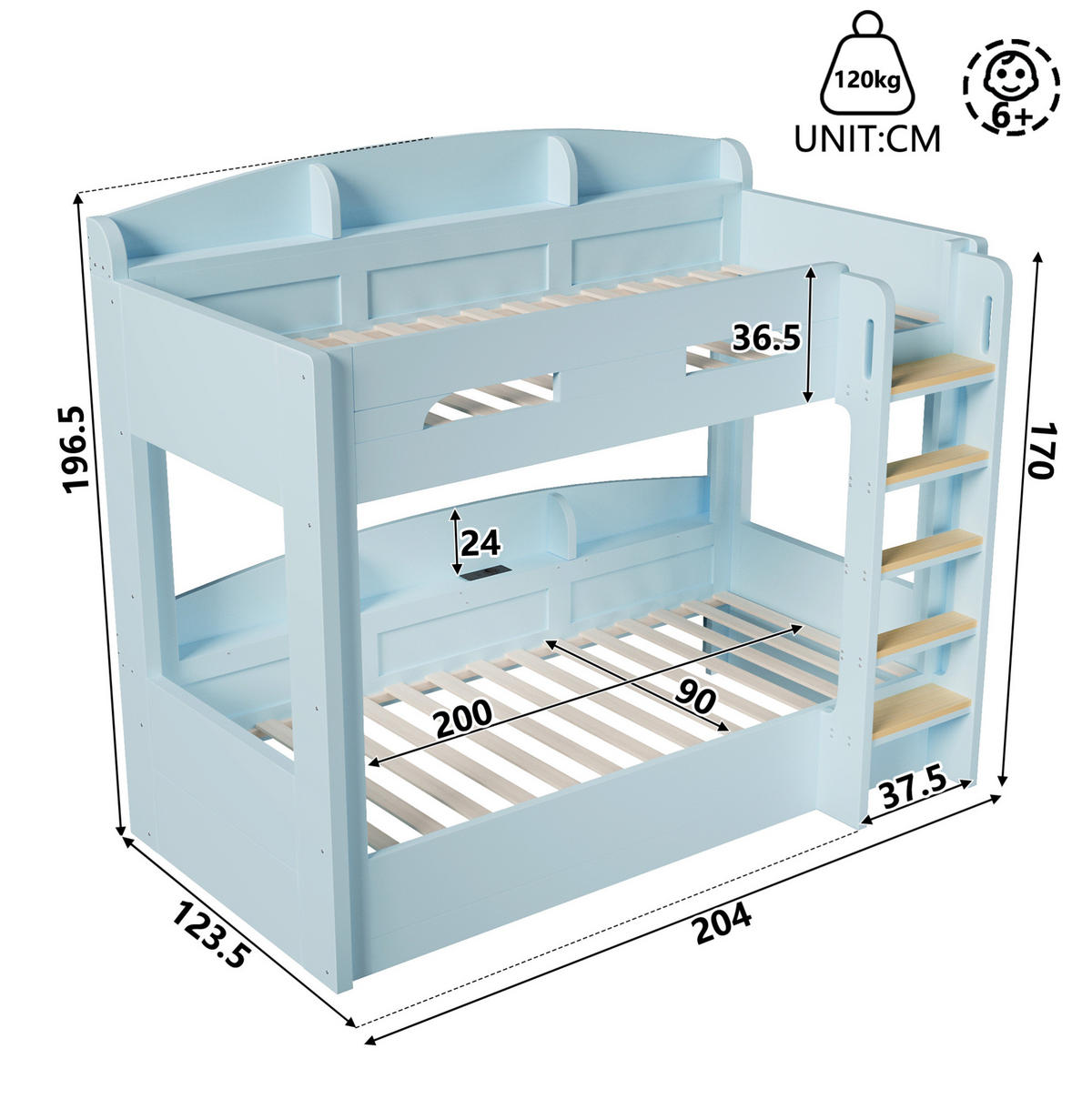 ETAGENBETT 90/200 cm Hellblau mit Ablagefächern und USB-Steckdose - Hellblau, Holz (90/200cm) - MIVRAY