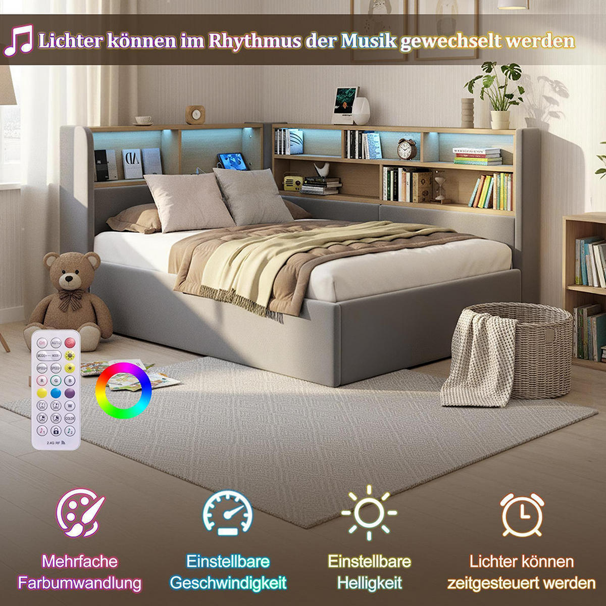 POLSTERBETT 90×200cm mit LED in Grau - Grau, Textil (90/200cm) - KOMHTOM