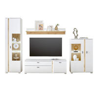 WOHNWAND 4-teilig weiß matt, Eiche 305 cm, Wohnkombination inklusive Frontbeleuchtung - Silberfarben/Eiche Wotan, Glas/Holzwerkstoff (305/200/42cm) - Furn.Design
