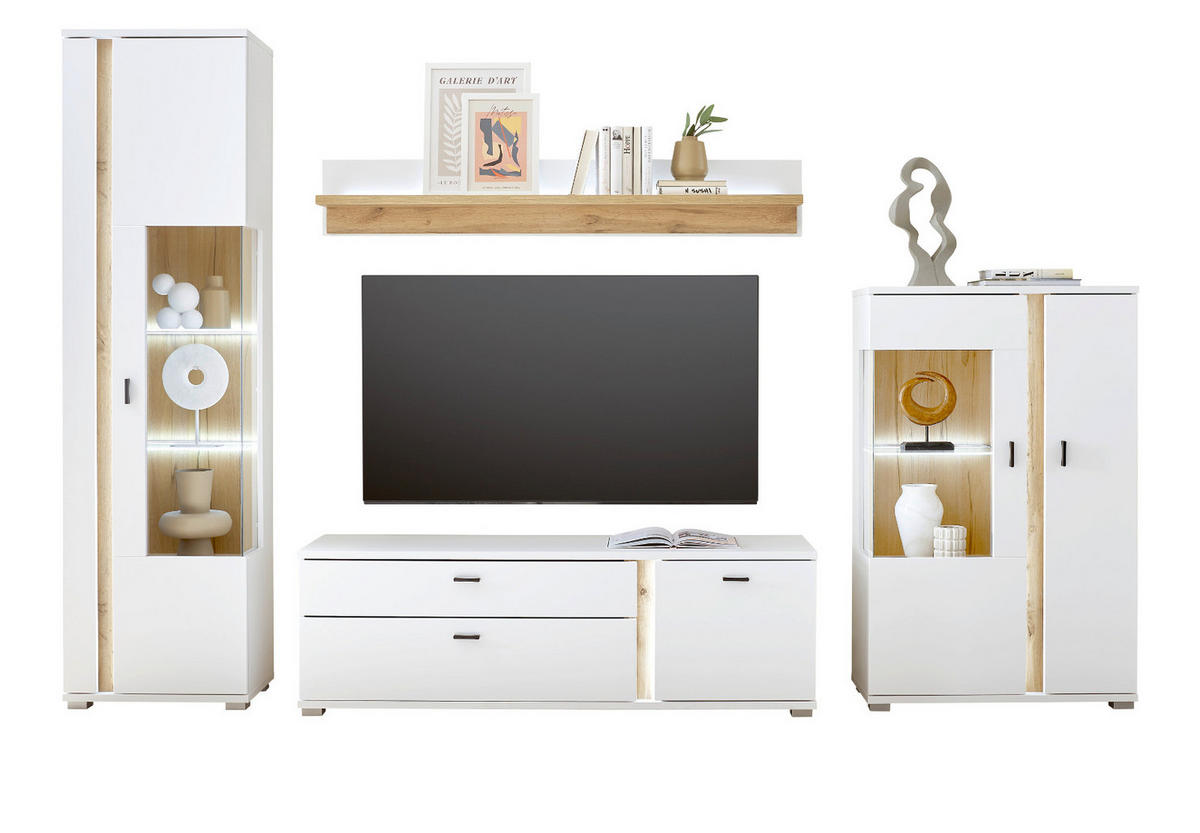 WOHNWAND 4-teilig weiß matt, Eiche 305 cm, Wohnkombination inklusive Frontbeleuchtung - Silberfarben/Eiche Wotan, Glas/Holzwerkstoff (305/200/42cm) - Furn.Design