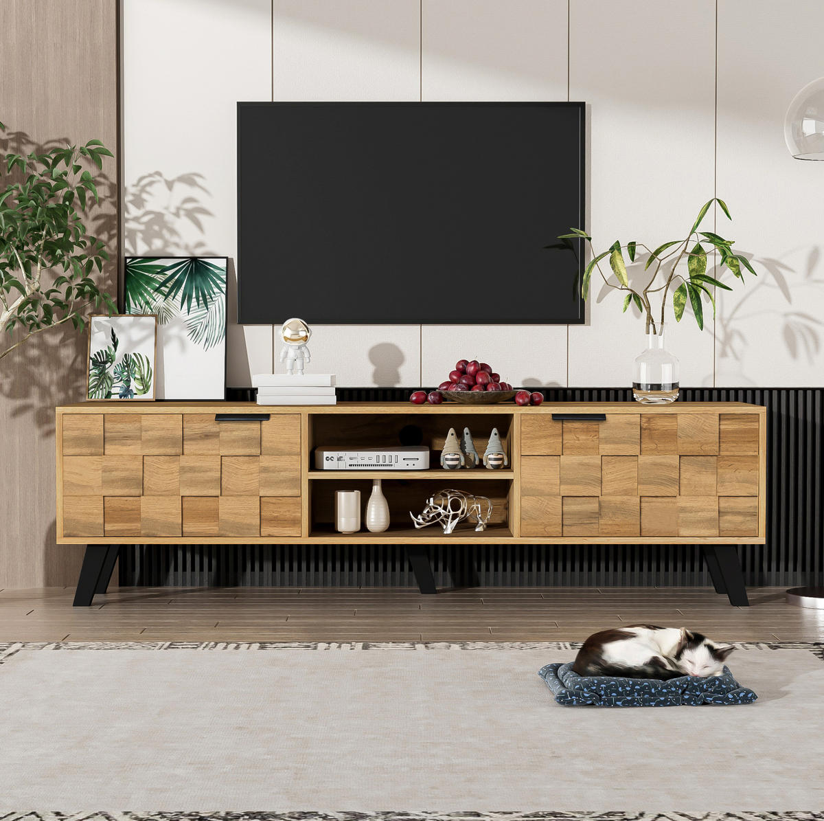 LOWBOARD 160.5/35.5/45 cm in Holzfarbe aus Spanplatte mit 2 Türen und 2 offenen Fächern - Naturfarben, Holzwerkstoff (35.5/45/160.5cm) - OKMYHOME