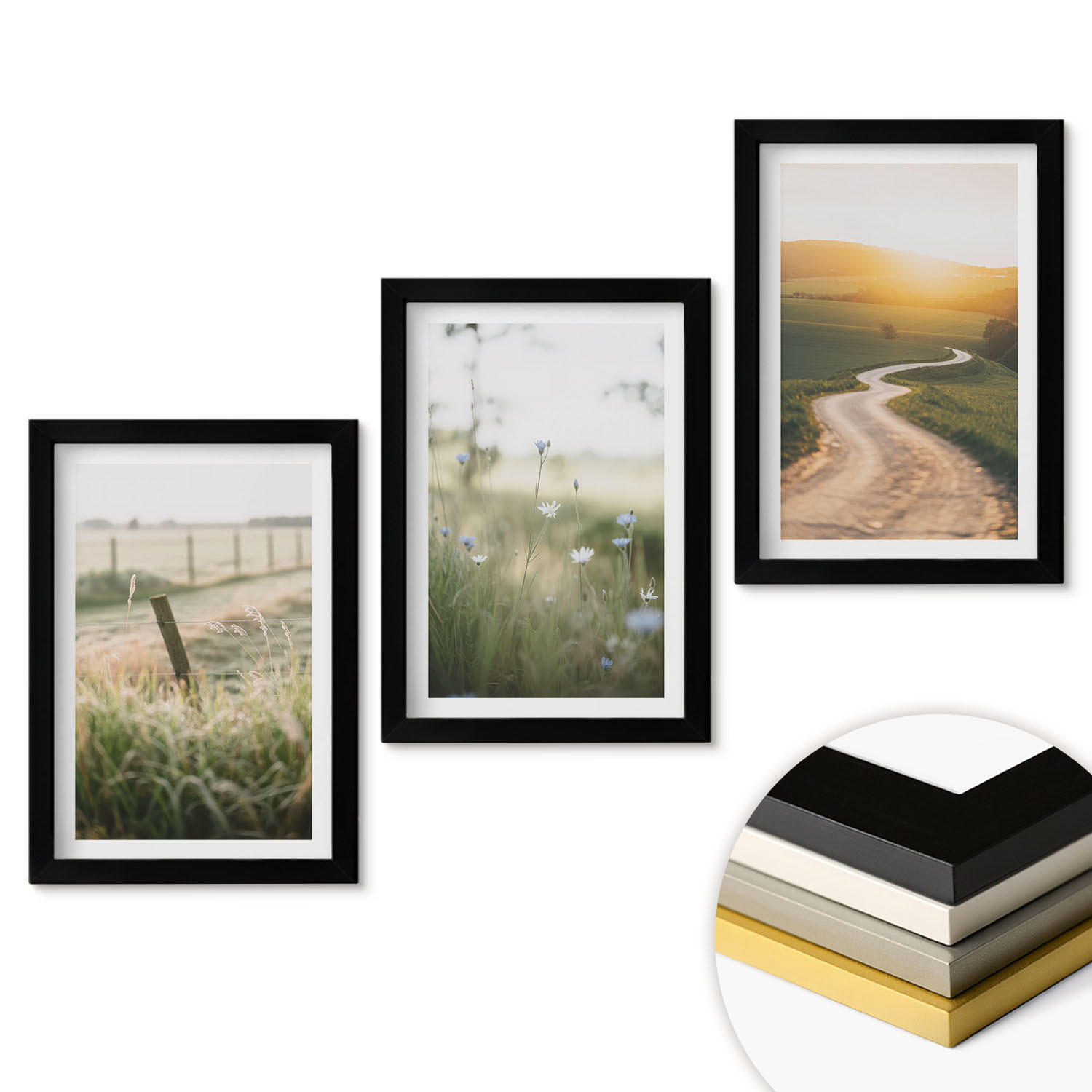 WANDBILDER 3er-Set - 20x30 cm Schwarzer Rahmen - Landschaftswiesenstraße West - Schwarz, Kunststoff (20/30cm) - ArtPrintCave