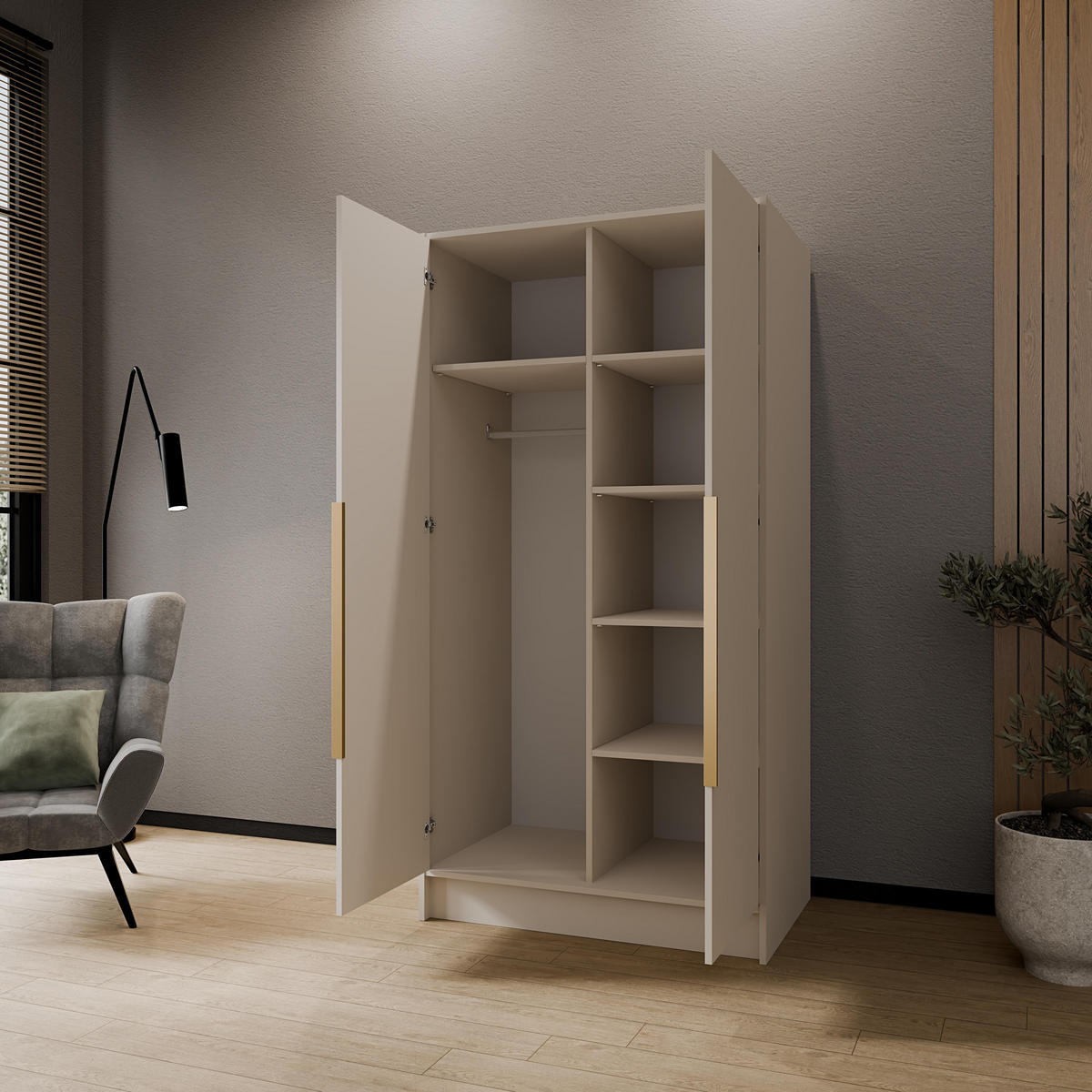 DREHTÜRENSCHRANK Luxia mit Spiegel, Kaschmir mit goldenen Griffen, 100 cm - Kaschmir/Goldfarben, Holzwerkstoff (102/200/51cm) - AN-Moebel 4u