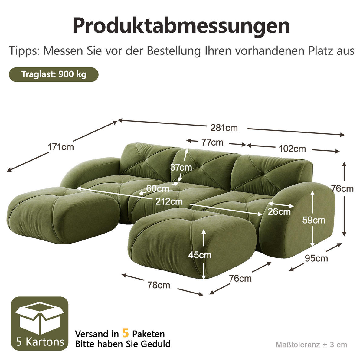 WOHNLANDSCHAFT DE-34276 3-Sitzer mit 2 Hockern Grün - Grün, Textil (171/76/281cm) - ComfortXL