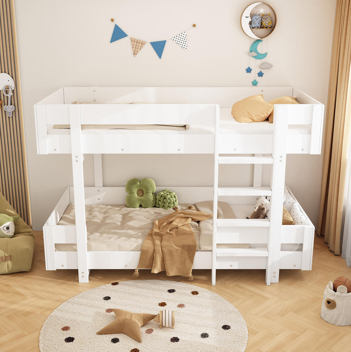 ETAGENBETT aus Massivholz 90x200 cm Weiß mit Leiter und verstärktem Geländer - Weiß, Holzwerkstoff (90/200cm) - Modfu