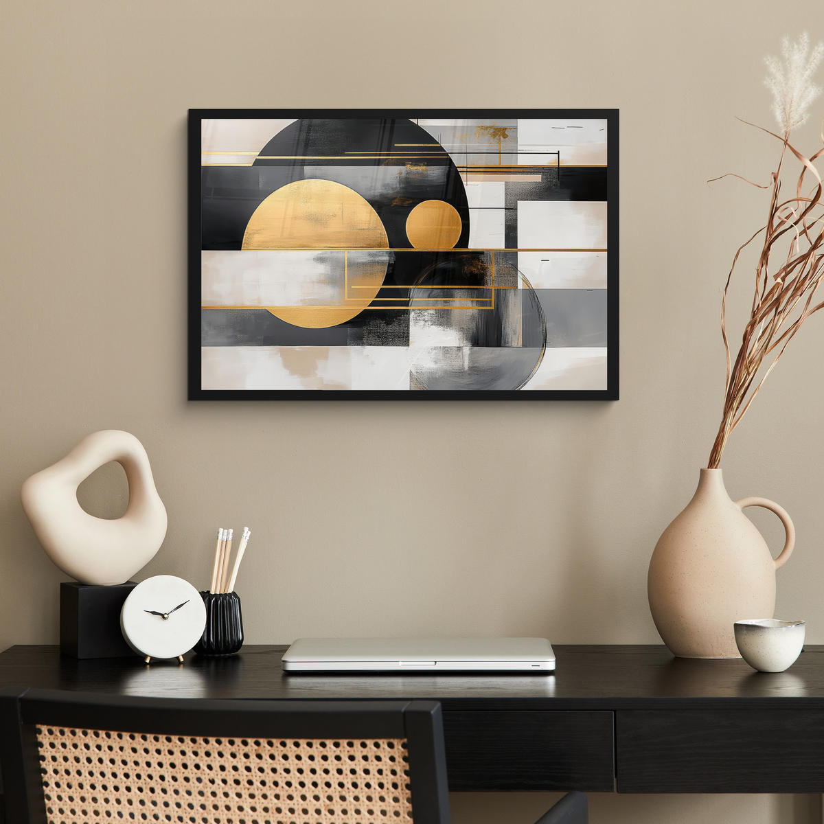 ZARÁMOVANÝ PLAGÁT Abstraktné - Zlato - Striebro - Tvary - Estetické - Moderné 60x40 cm - zlatá, papier (60/40cm) - MuchoWow