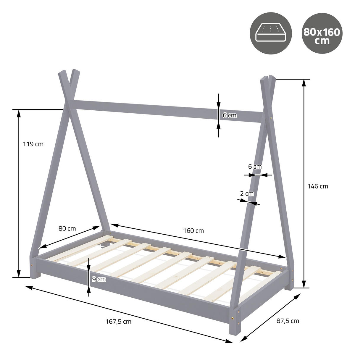 KINDERBETT Tipi mit Matratze 80x160 cm Hellgrau - Hellgrau, Holz (80/160cm) - ML-DESIGN