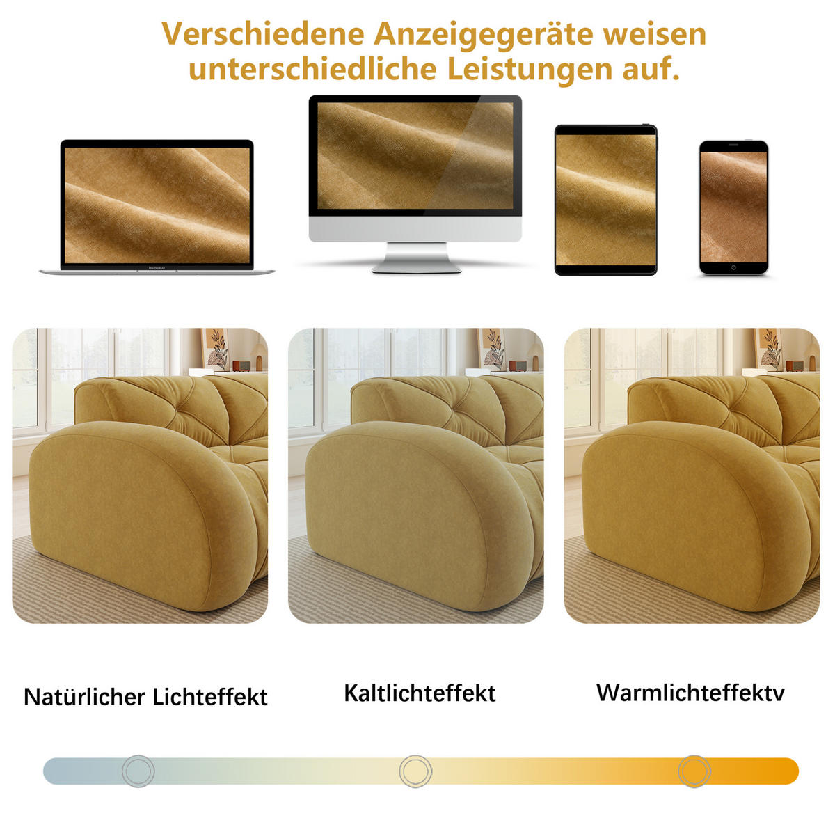 SOFA in Gelb aus Chenille mit rahmenlosem Design - Gelb, Textil (95/76/281cm) - Flora Grace