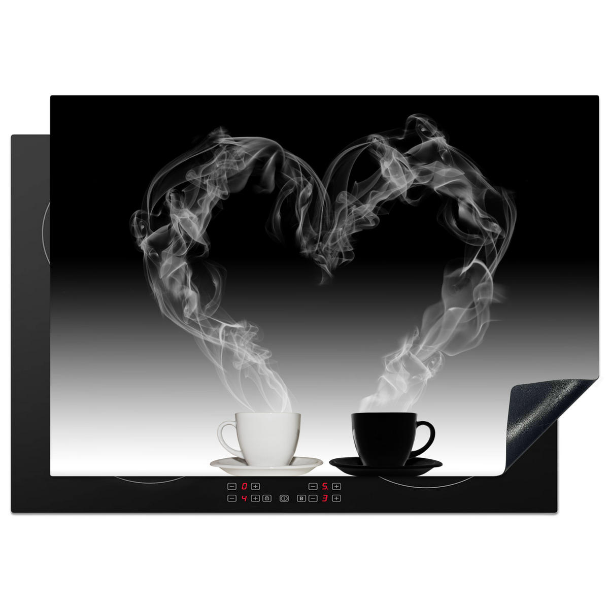 HERDABDECKPLATTE Kaffee - Herz - Schwarz und weiß - Tassen 75x52 cm - Weiß, Kunststoff (75/0.2/52cm) - MuchoWow
