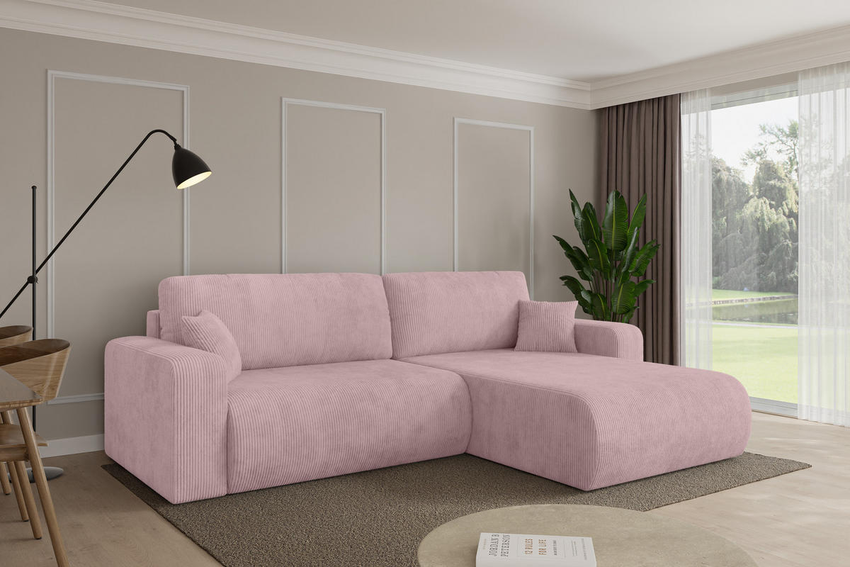 ROHOVÁ SEDAČKA s funkcí spaní, otoman vpravo BERY-L 276x193x88 růžová manšestr - růžová/černá, kompozitní dřevo/textil (276/193cm) - ALTDECOR