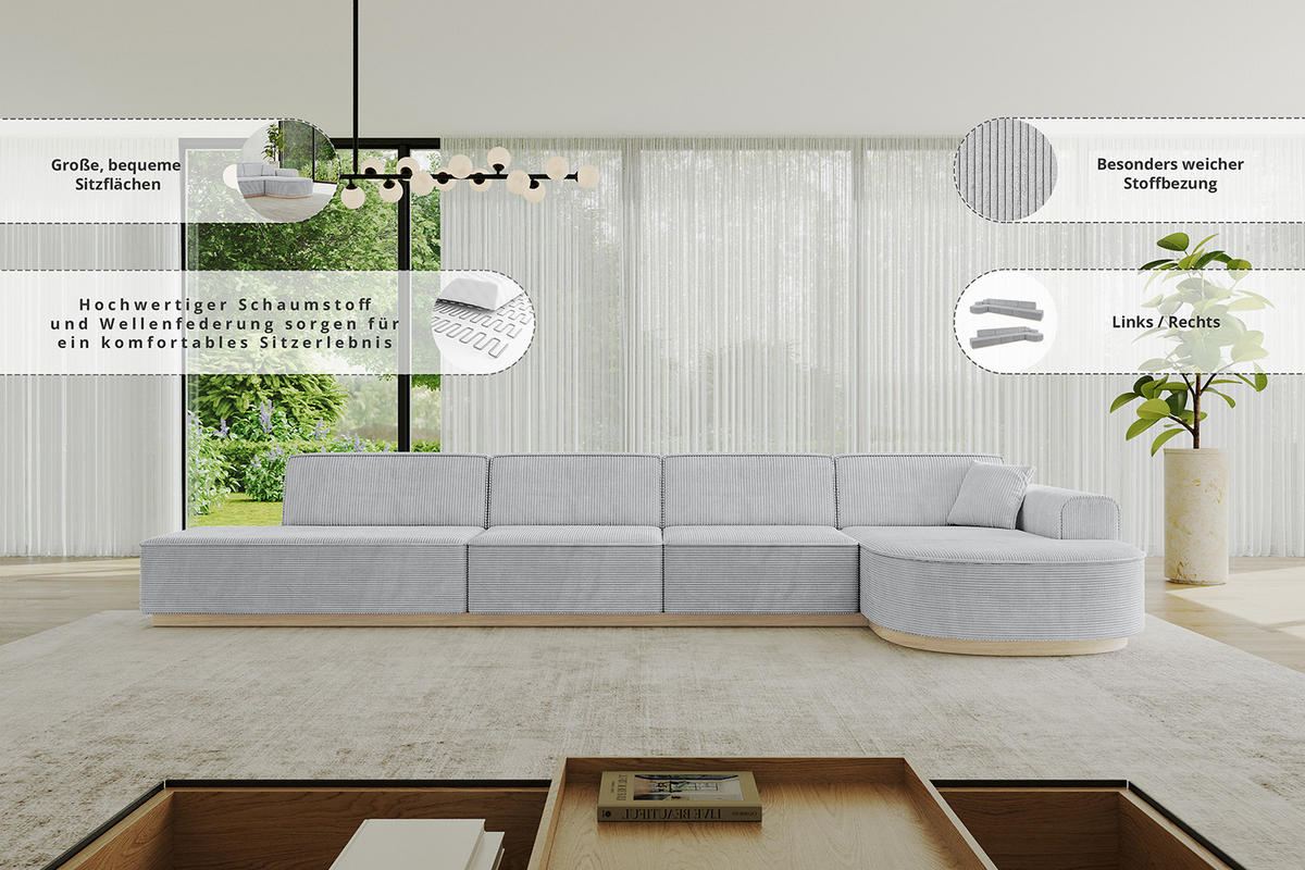 ECKSOFA Ottomane Rechts ARRIO-L3 - 413x171x83 cm Apricot - Koralle, Holzwerkstoff/Textil (413/171cm) - ALTDECOR