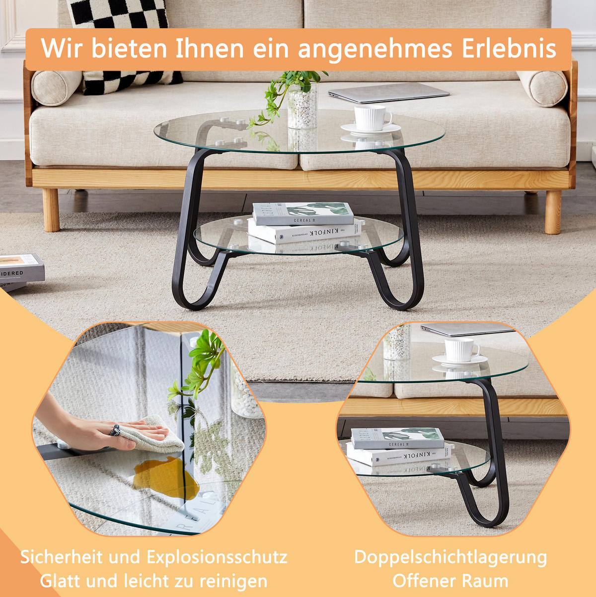 COUCHTISCH 80/80/45 cm schwarz aus Metall mit 2 Ebenen Sicherheitsglas - Schwarz, Metall (80/80/45cm) - OKWISH