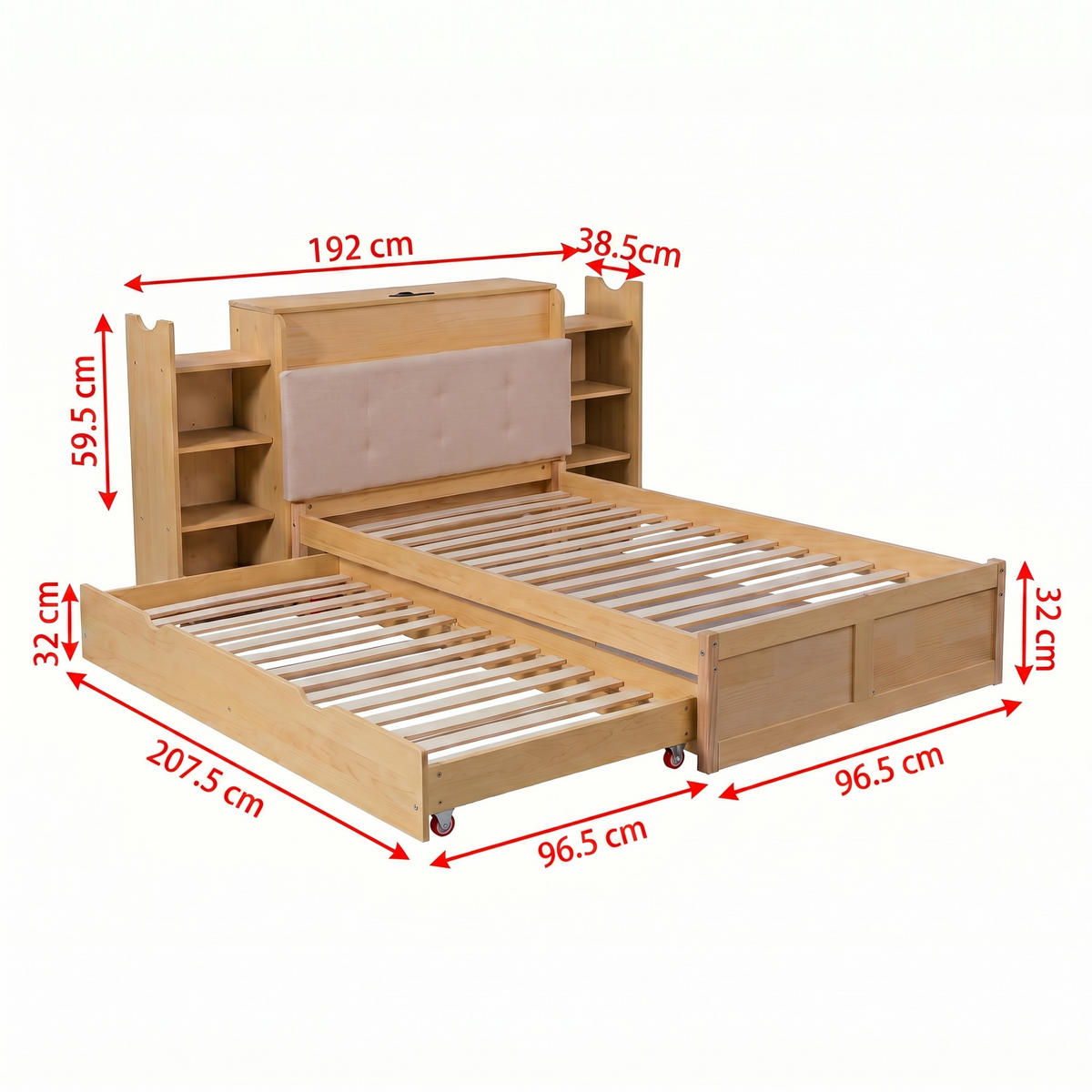 BETT 90/200 cm in Naturholzfarben & Beige mit Ausziehbett, Ablage, USB - Naturfarben, Holz/Holzwerkstoff (90/200cm) - WISHDOR