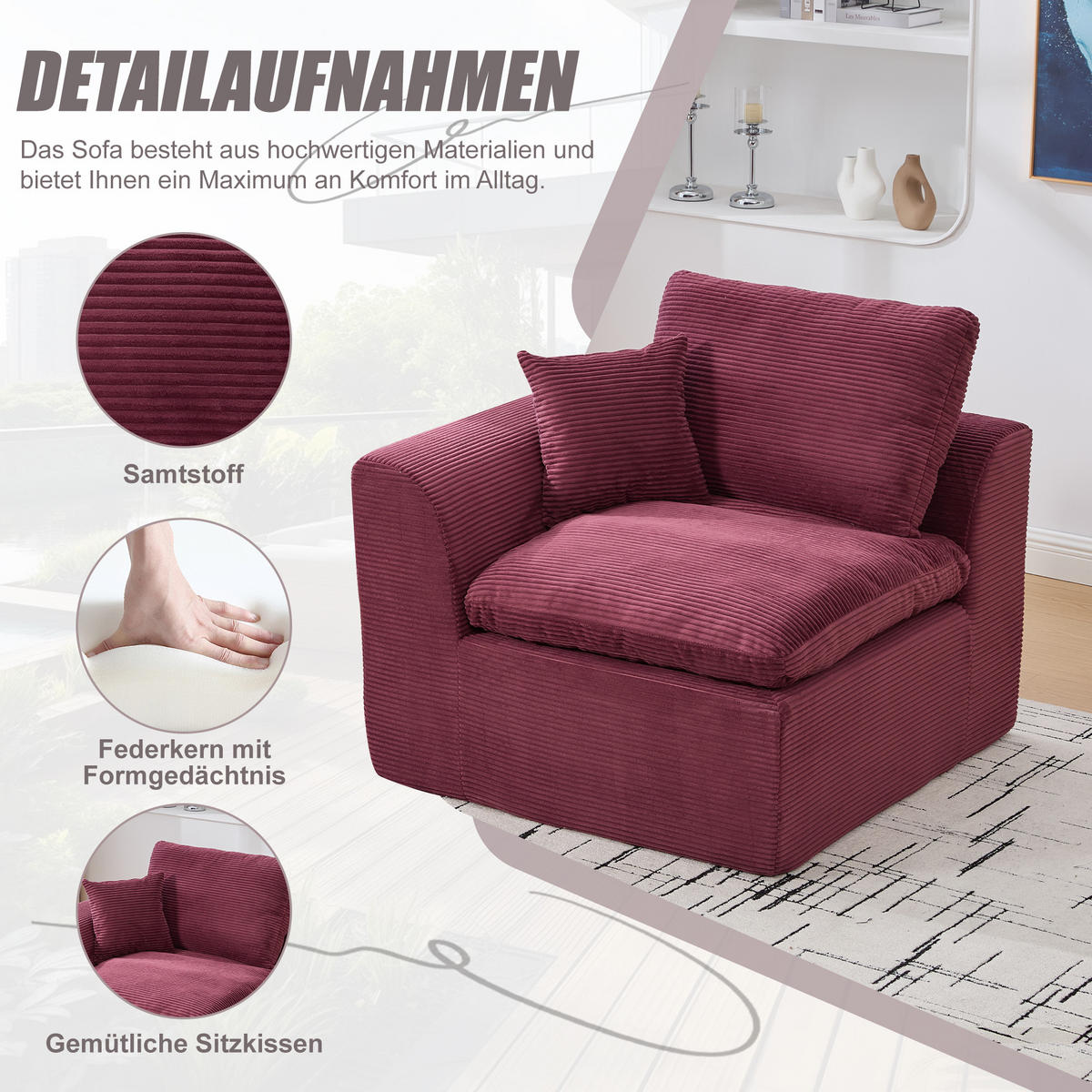 SESSEL Cord-Sofa mit Federkern-Polsterung und Kissen, Montagefrei - Dunkelrot, Textil (101/84/102cm) - Urban Meuble
