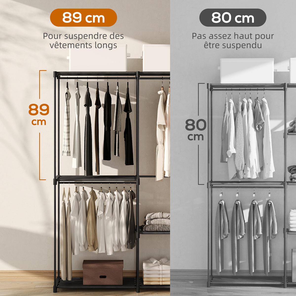 KLEIDERSCHRANK DE-17196 2 Kleiderstangen & 6 Regalböden Schwarz - Schwarz, Metall (43/185/111cm) - ComfortXL