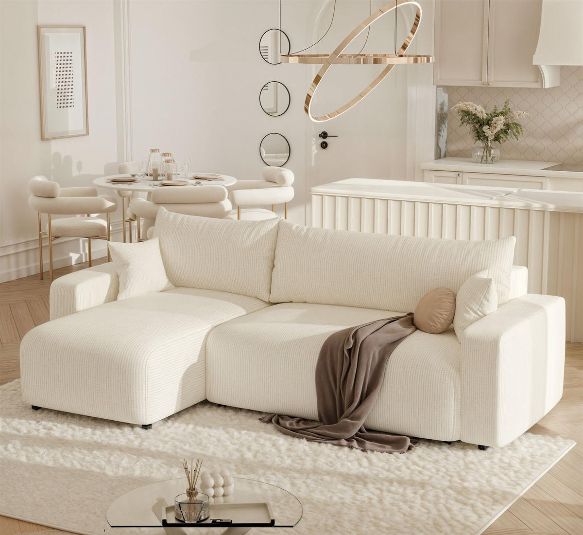 ECKSOFA Luna Mit Schlaffunktion - Creme, Holzwerkstoff/Textil (248/145cm) - Fun Möbel