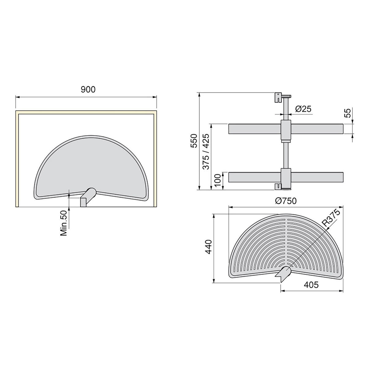 DREHPLATTEN Shelvo 1/2, für 900mm Modul, Kunststoff und Aluminium, Grau 2er-set - Grau, Kunststoff (90/55/44cm) - EMUCA