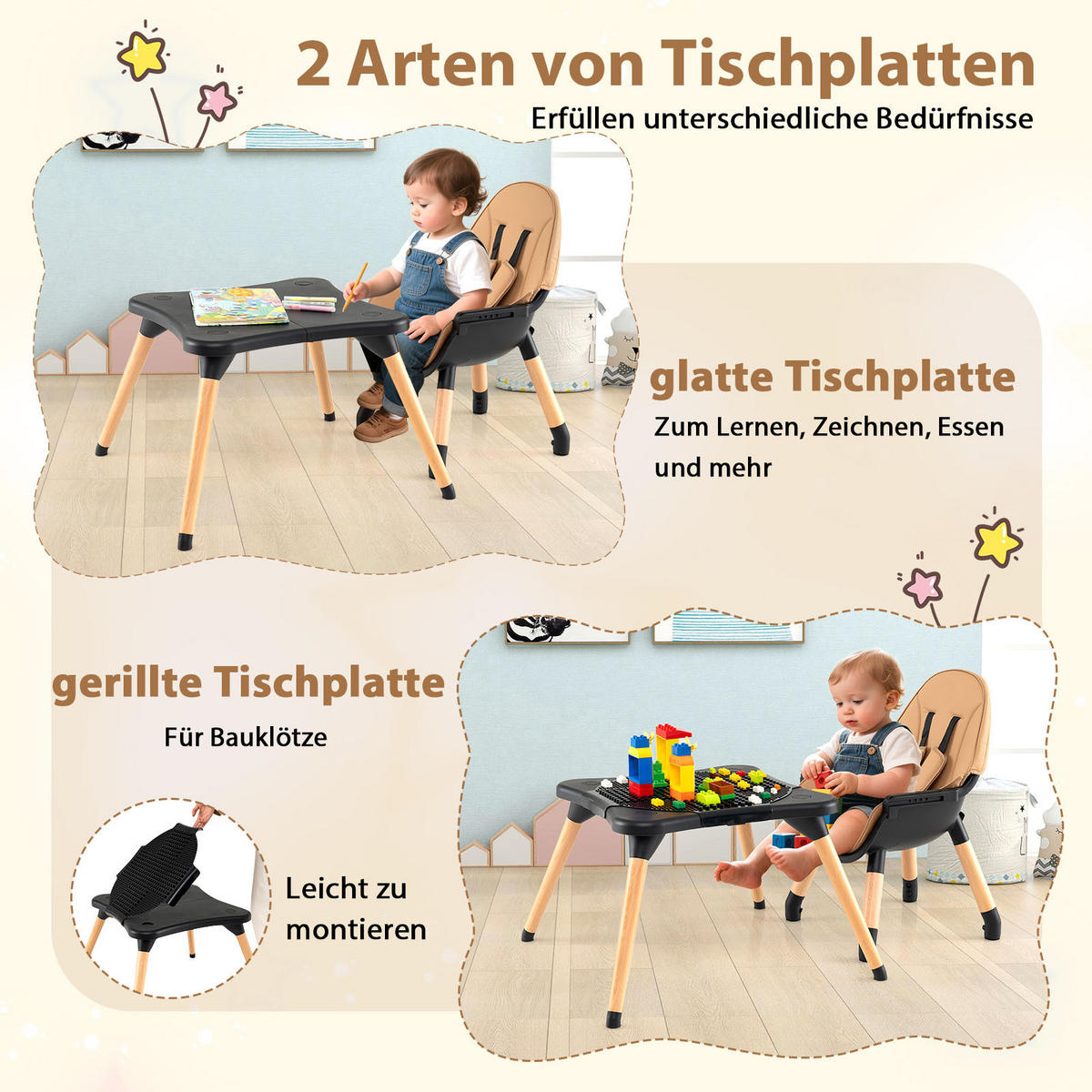 KINDERHOCHSTUHL mit Bausteintisch braun - Braun, Kunststoff (62/100/62cm) - COSTWAY