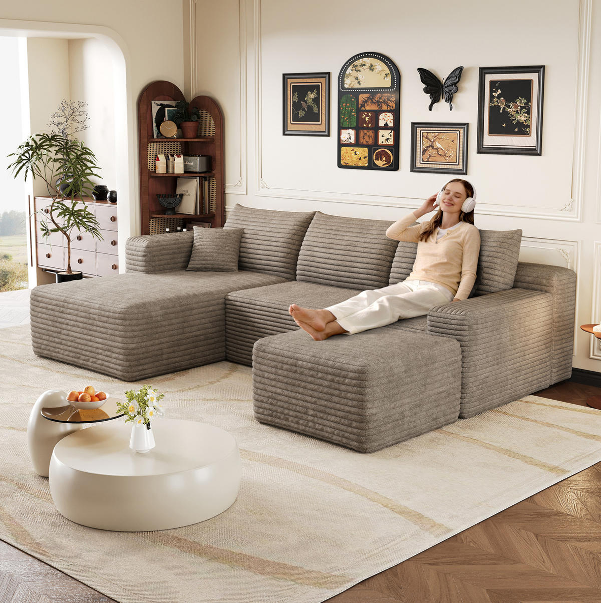 ECKSOFA 241/151/58 cm Camel aus Stoff mit Cordoptik und Chaiselongue ohne Montage - Hellgrau, Textil (151/241cm) - OKWISH