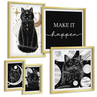 BILDER SET 5er Set - 50x50 cm & 20x30 cm & 40x60 cm Goldrahmen - Schwarze Katzen, Mond, Planet - Goldfarben, Kunststoff (40/60cm) - TULUP