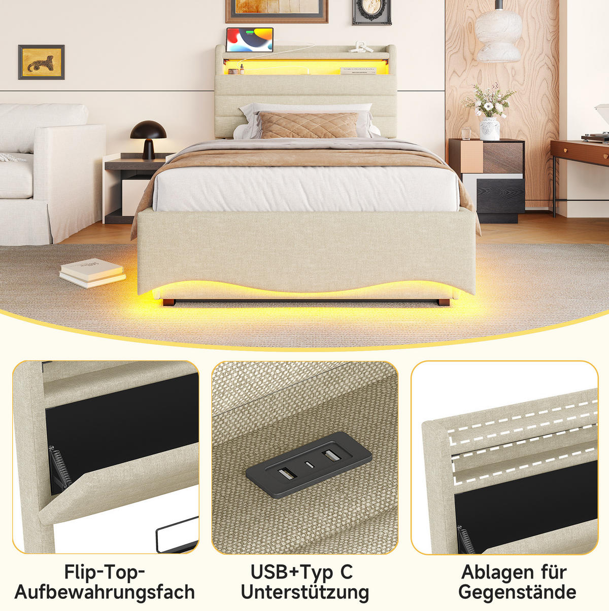 POLSTERBETT 90/200 cm Beige aus Leinen mit LED, USB und Stauraum - Beige, Textil (90/200cm) - OKMYHOME