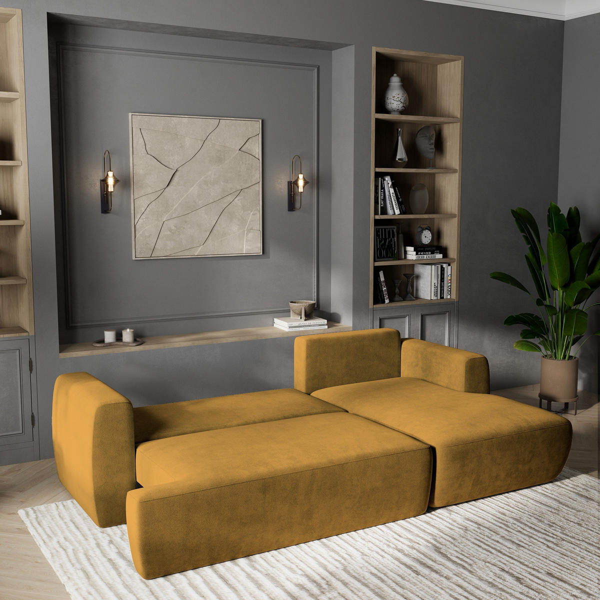 ECKSOFA SENTI K R-S Gelb Plüsch-Stoff mit Schlaffunktion - Gelb, Holz (246/148cm) - MASSENO