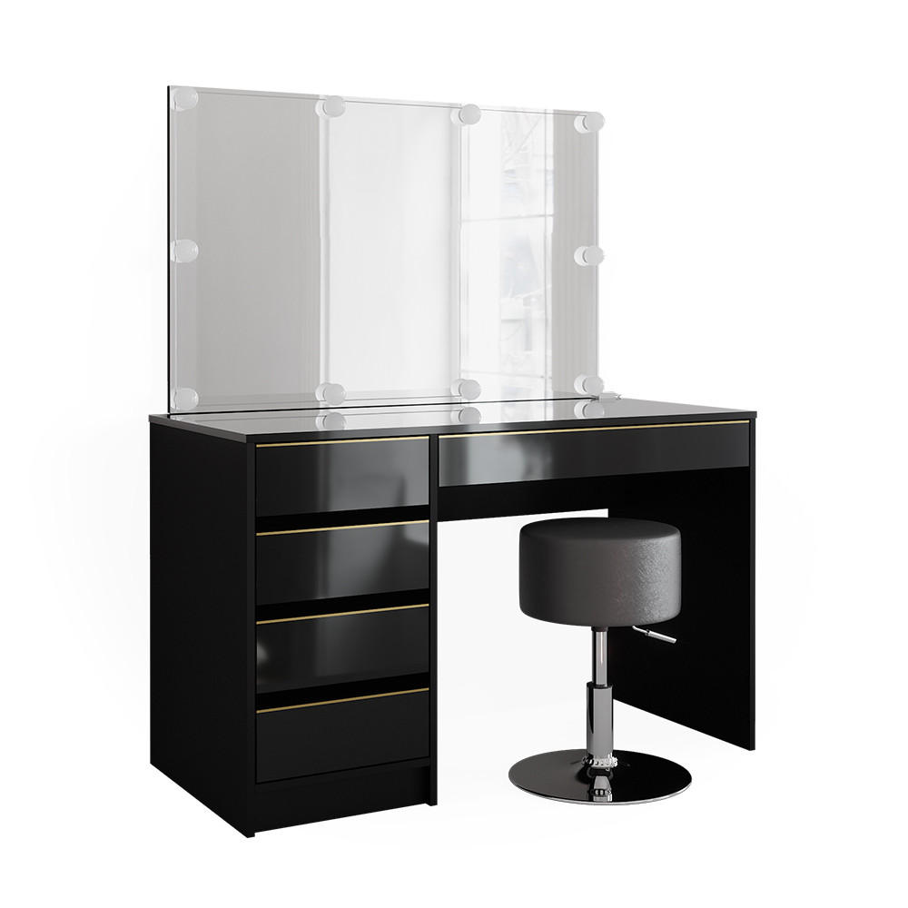 MASĂ DE TOALETĂ Sherry Negru/Auriu 120 cm cu iluminare LED si taburet
