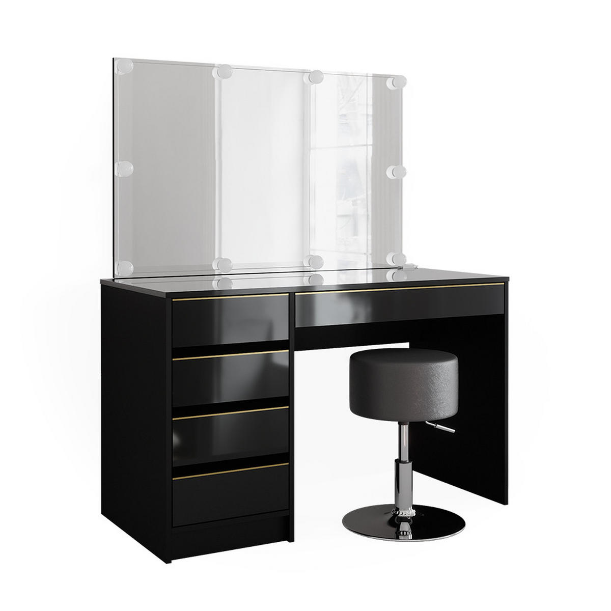 SCHMINKTISCH Sherry Schwarz/Gold 120 cm mit LED Beleuchtung und Hocker - Goldfarben/Schwarz, Holzwerkstoff (120/75/55cm) - Vicco