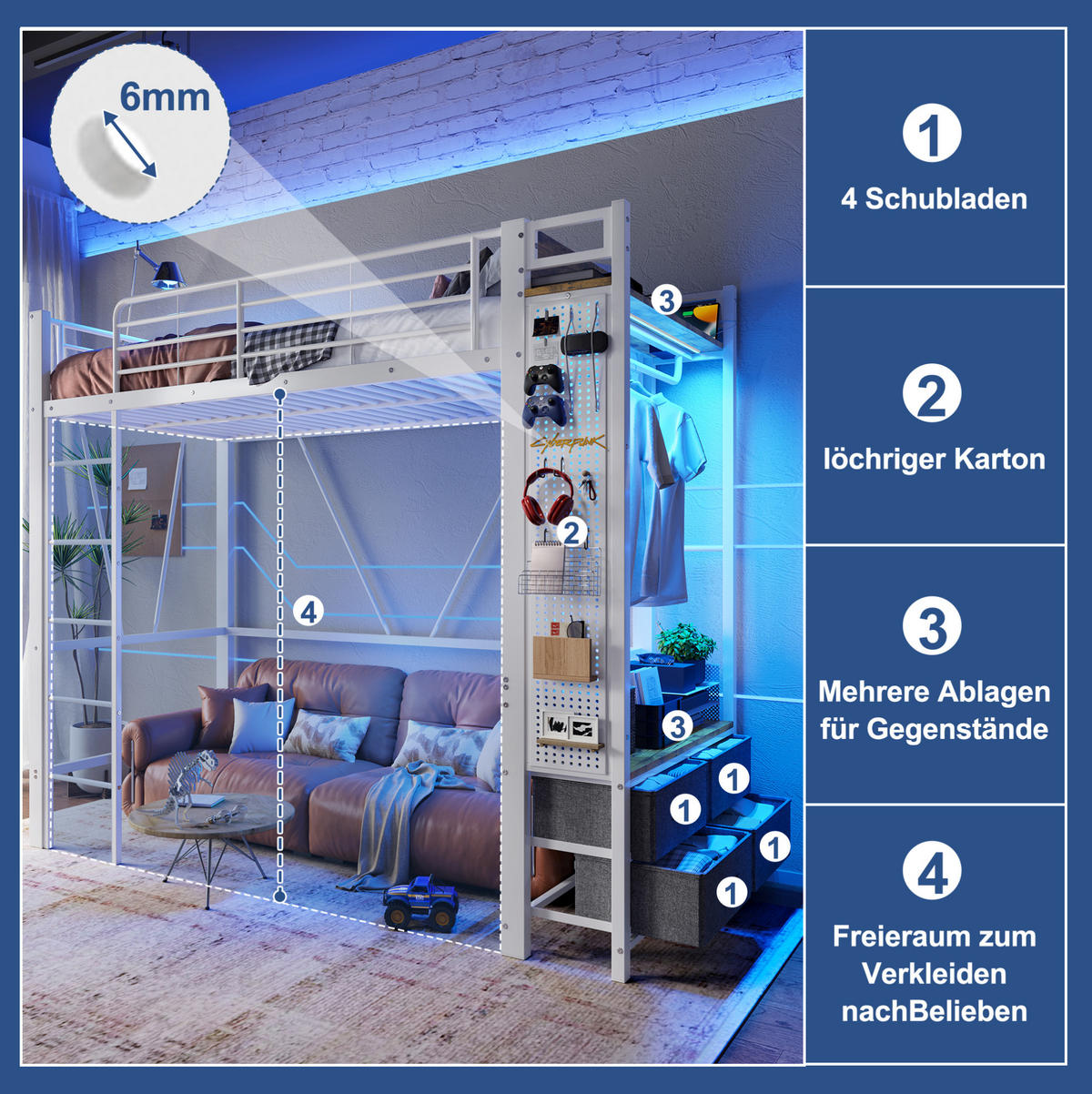 HOCHBETT 90/200 cm in Weiß mit LED-Beleuchtung, Stauraum und USB- und Type-C-Anschlüssen - Weiß, Metall (90/200cm) - Flora Grace