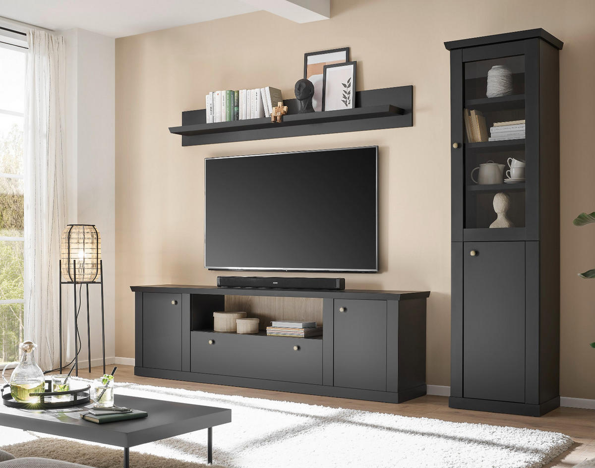 WOHNWAND schwarz matt, Eiche 3-teilig 270 cm, Wohnkombination mit Soft-Close - Eichefarben/Messingfarben, Glas/Holzwerkstoff (270/200/42cm) - Furn.Design