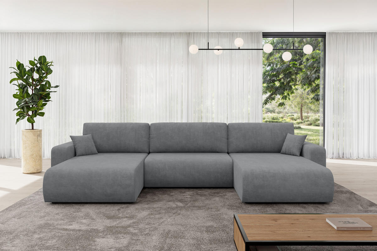 SEDACÍ SOUPRAVA DO U s funkcí spaní a úložným prostorem BERY-U 377x193x88 šedá velur - černá/šedohnědá, kompozitní dřevo/textil (377/88/193cm) - ALTDECOR