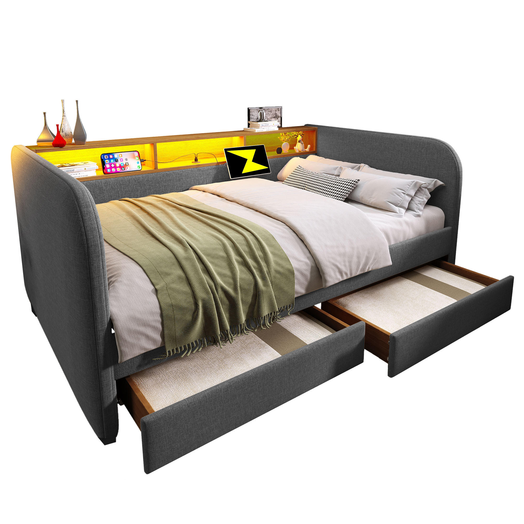 WISHDOR ČALOUNĚNÁ POSTEL 140 × 190 cm v šedém lnu se 2 zásuvkami, LED osvětlením a USB