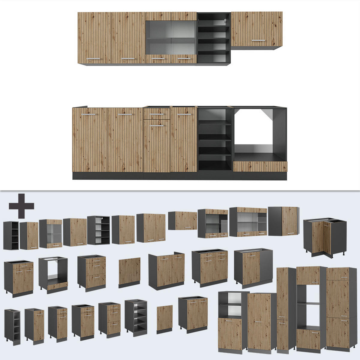 KÜCHENZEILE R-Line Artisan Eiche/Anthrazit 240 cm, AP Anthrazit - Anthrazit/Eiche Artisan, Holzwerkstoff (240/81.6/60cm) - Vicco