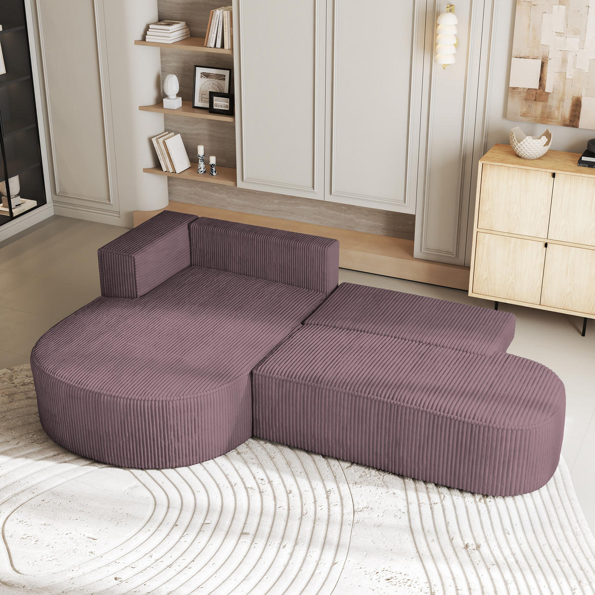 ECKSOFA CORTIO P L-S Lila Kordstoff mit Schlaffunktion - Lila, Holz (265/174cm) - MASSENO