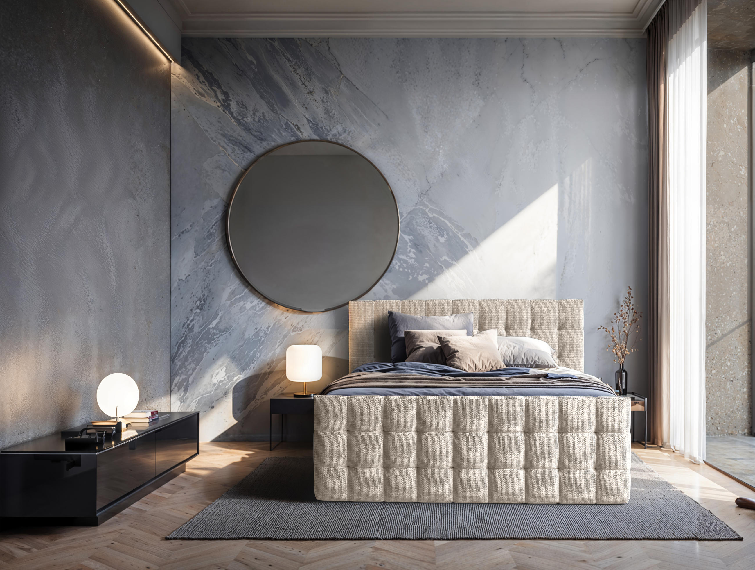 BOXSPRINGBETT Rein 180x200 – in Beige, großem Bettkasten, Gasdruckfedern - Beige, Textil (180/200cm)