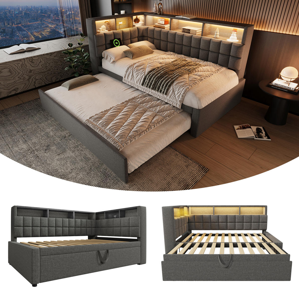 AUSZIEHBETT 90/200 cm DE-00770, in Grau, LED und L-Kopfteil - Grau, Holz (90/200cm) - ComfortXL