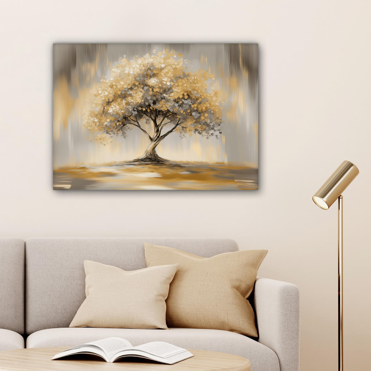 LEINWANDBILD Gemälde - Baum - Abstrakt - Blätter Wandbilder 80x60 cm - Beige, Textil (80/60cm) - MuchoWow