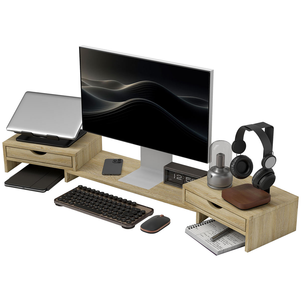 MONITORSTÄNDER DE-16699 60-116 cm ausziehbar, 2 Schubladen - Eichefarben, Holzwerkstoff (60/22/12cm) - ComfortXL