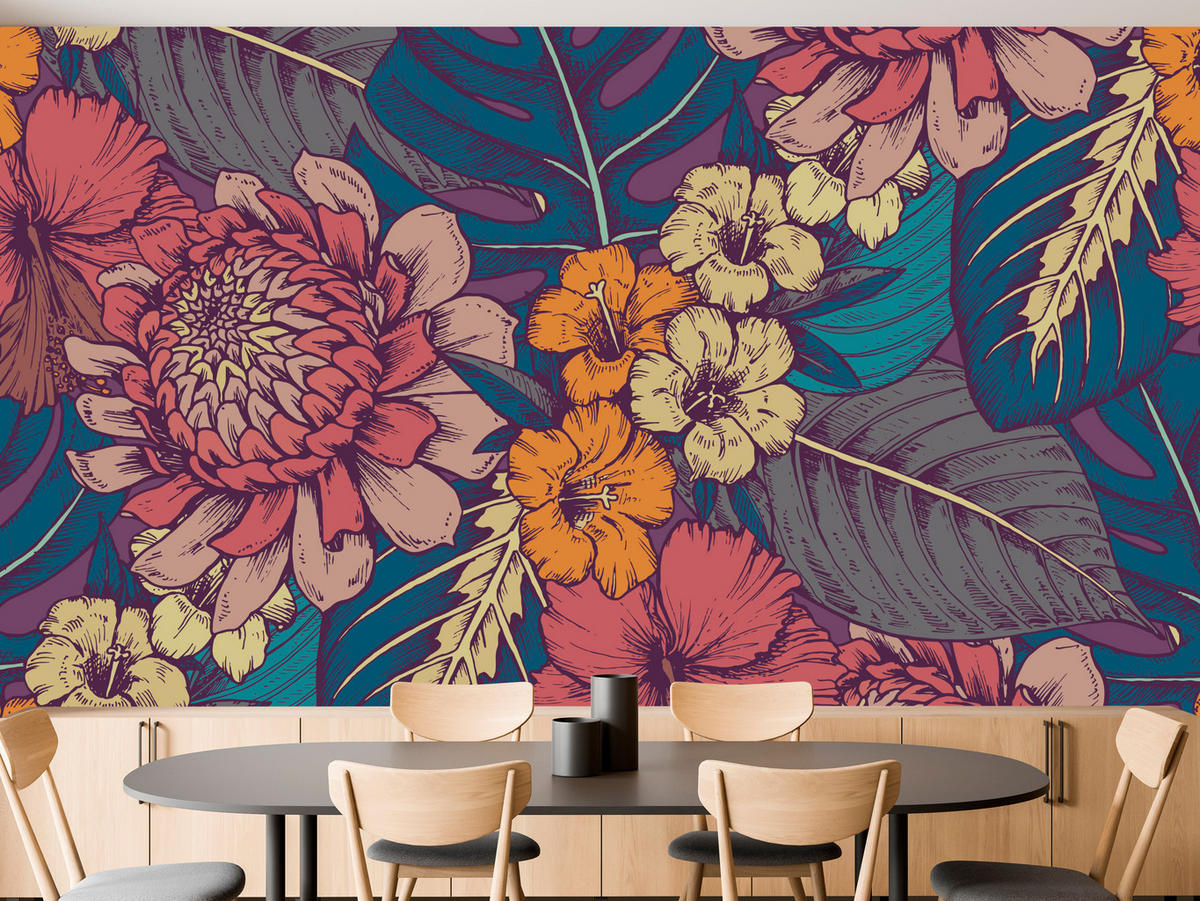 FOTOTAPETE für Schlafzimmer Retro Bunte Blätter Blumen Pflanzen 200x140 - Türkis/Blau, Papier (200/140cm) - Muralo