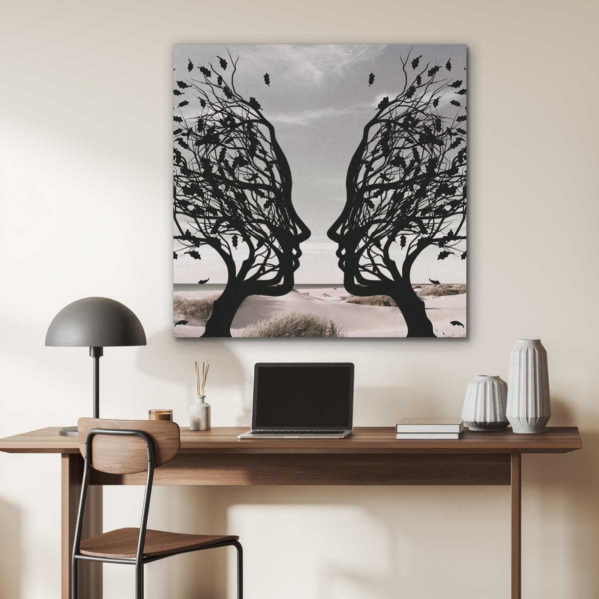 AKUSTIKPANEEL Strand - Meer - Menschen - Baum - Moderne Kunst 90x90 cm - Hellgrau, Textil (90/0.9/90cm) - MuchoWow