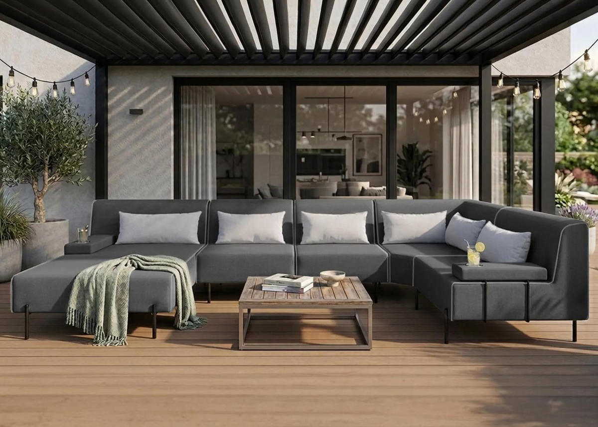 GARTENSOFA BORNEO XL Wetterfest 370x222x86 cm, Rechts, Solide Konstruktion, HR-Schaumfüllung, Wetterfeste Bezugstoff, Dunkelgrau - Dunkelgrau, Holz/Metall (370/86/222cm) - Trada