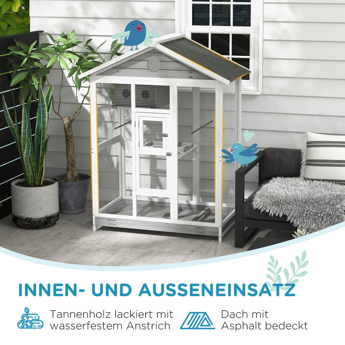 VOGELKÄFIG DE-10751 mit Asphaltdach & 4 Sitzstangen Natur - Weiß, Holzwerkstoff (68/154/112cm) - ComfortXL