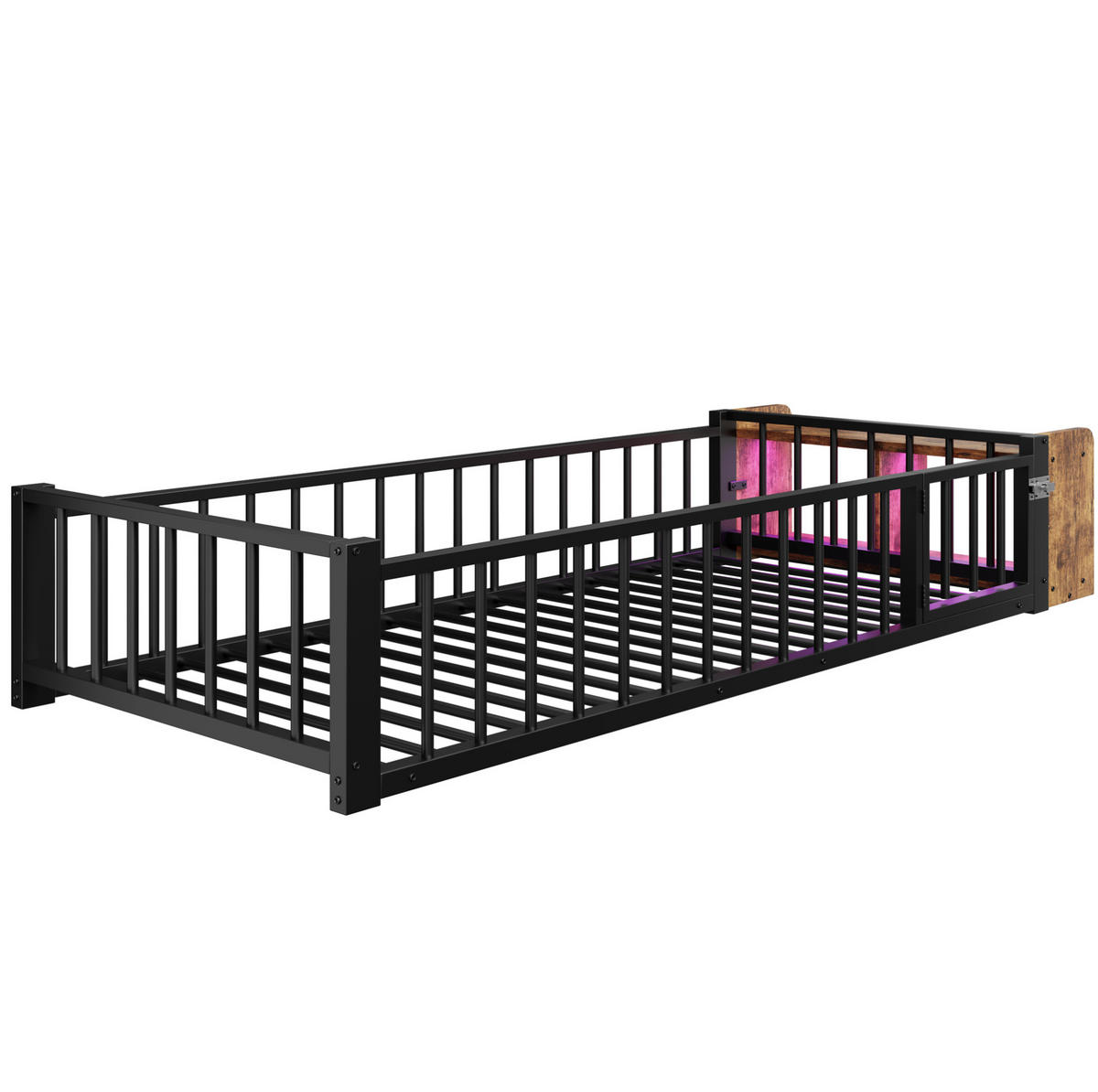 KINDERBETT 90/200 cm aus Metall mit Schutzgeländer, Stauraum und LED - Schwarz, Holzwerkstoff (90/200cm) - BEAOK